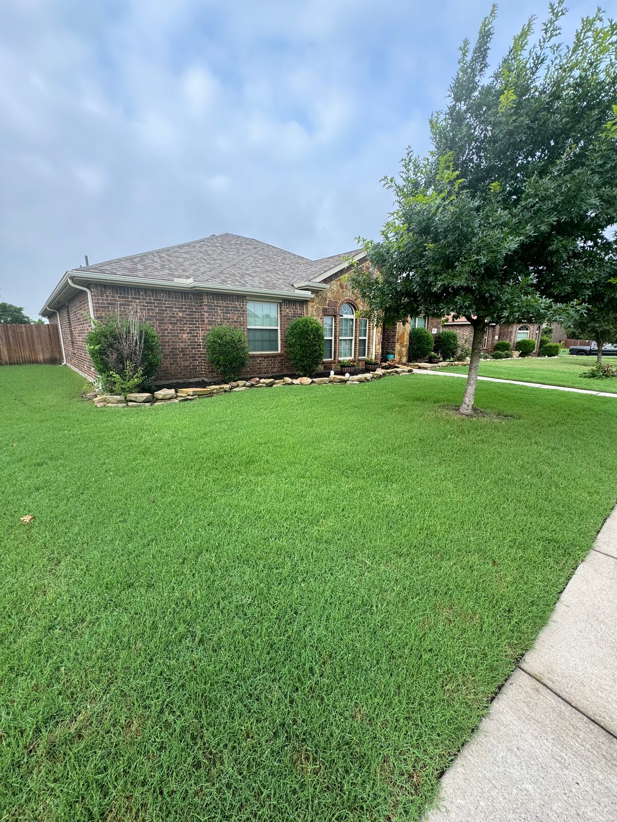 Lush green front lawn wrapping a brick home in Rockwall County