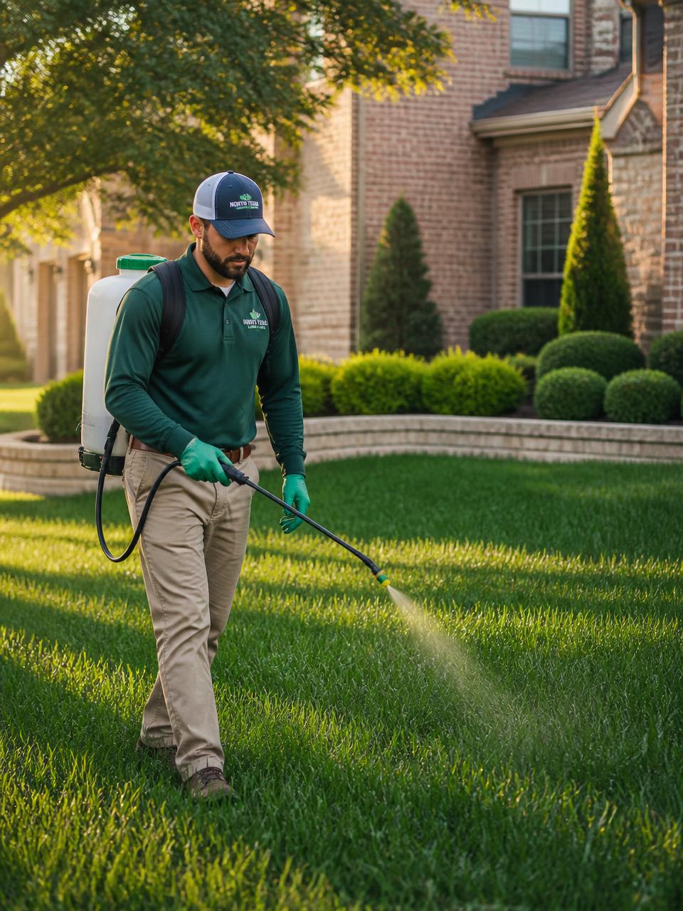 Porter's technician applying liquid fertilizer to a lush green Rockwall lawn