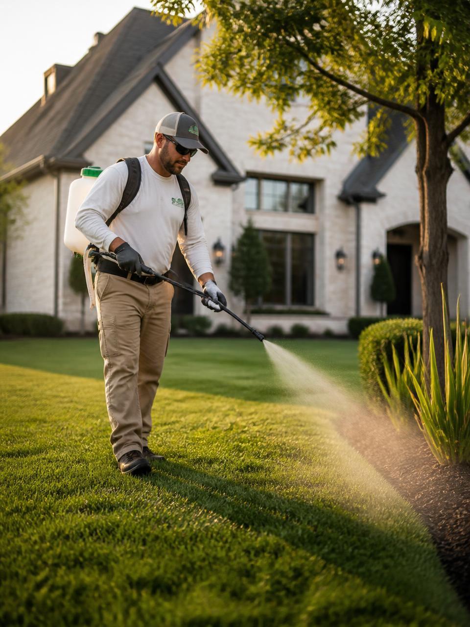 Technician treating a dense green residential lawn for turf pests
